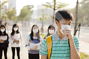 Student wearing mouth mask against smog in city