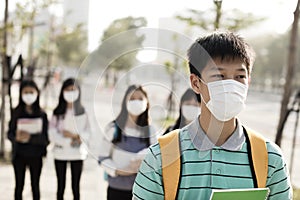 Student wearing mouth mask against smog in city