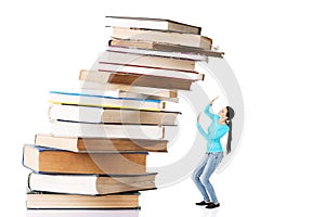 Student woman afraid of pile of books.
