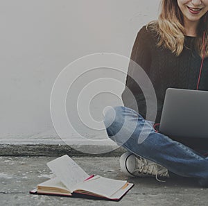 Student Woman Browsing Notebook Digital Device Concept