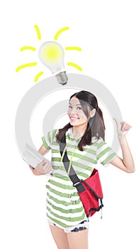 Student woman having an idea with light bulb