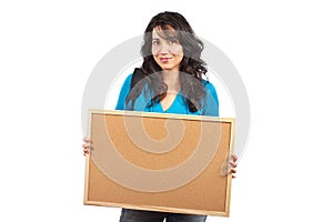 Student woman holding the empty corkboard