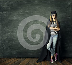 Student Woman over Blackboard Background, School Girl Mortarboard