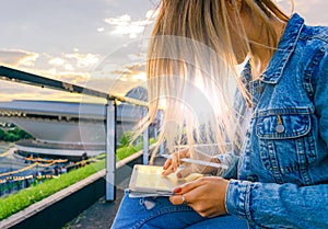 Student woman person work on tablet, computer in summer park. Online girl in nature outside. Laptop outdoor business technology.