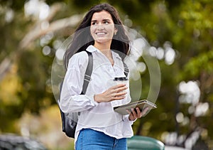 Student woman with tablet in park on coffee break walking to campus, university or college in carbon footprint. Young or