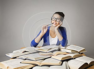 Student Woman Thinking Open Books, Pondering Girl Glasses