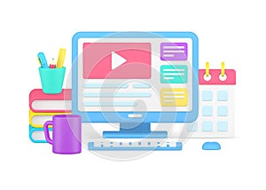 Student or worker comfortable workplace organizing with computer pc remotely online studying vector