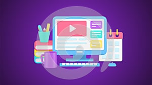 Student or worker comfortable workplace organizing with computer pc remotely online studying vector