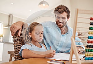 Student, writing and learning girl with dad teacher help with math problem homework solution together in living room