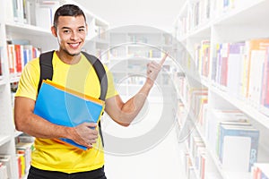 Student young man education showing pointing copyspace copy space library marketing information ad advert people