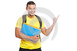 Student young man education showing pointing marketing information ad advert people isolated on white photo