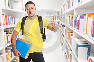 Student young man success successful library learning thumbs up smiling people