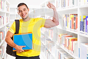 Student young man success successful strong power library education people