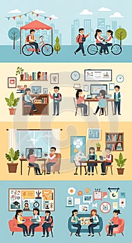Student and Young Professional Daily Life Vector Illustration Set