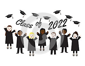 Students, academic caps and Class of 2022 Black text