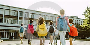 Students with backpacks going to school. Concept of back to school. AI generated