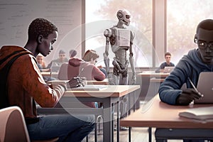 Students being watched by robot teacher. Futuristic concept of robot teachers