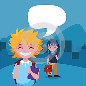 students boy with bag talking back to school