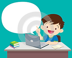 Students boy sitting with laptop  and talking with Speech Bubble