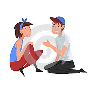 Students in Casual Clothes Sitting on Lawn, Boy and Girl Talking to Each Other Vector Illustration