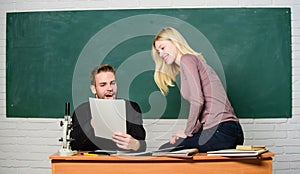 Students in classroom chalkboard background. Education concept. College entrance exam. Prepare final exam. Students
