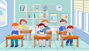 Students in classroom. Student behaviour, pupils sitting at desks on lesson. School college children, cartoon kicky kids