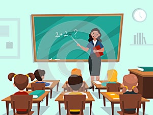 Students in classroom. Teacher near blackboard in auditorium teaches maths lesson, children study subject kids group photo