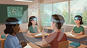Students in a classroom are using futuristic AR (augmented reality) headsets