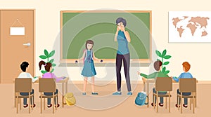 Students at classroom vector illustration. Confused girl with ink stains on clothes at class teacher standing near