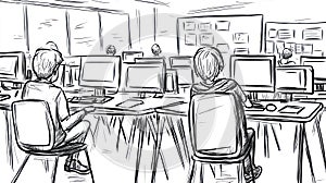Students in Computer Lab, Sketch Style