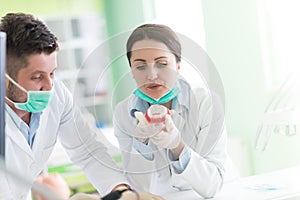 Students with dental prosthesis, dentures, prosthetics work.