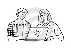 Students doing group project on laptop, education doodle vector illustration in line hand drawn style