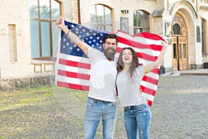 Students exchange program. National holiday. Hipster and girl celebrate 4th of July. American patriotic people. American