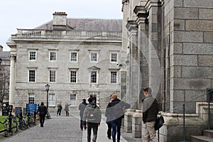 Students gathering around trinity university college in Dublin Ireland.