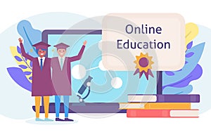 Students graduates in online education web learning, university studies flat vector illustration.