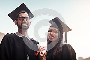 Students, graduation and portrait of a college or university couple with diploma outdoor. Happy man and woman excited to