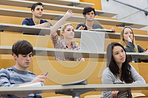 Students having a lesson in the lecture hall photo