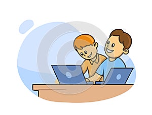 Students with laptop. Kids studying computer, playing laptop. Children and friends using a notebook. Flat vector