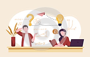 Students learning math at school desk. Vector illustration