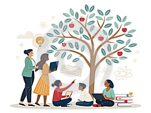 Students Learning with Tree and Books Illustration