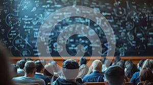 Students in a lecture hall with a chalkboard background