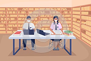Students in library flat color vector illustration
