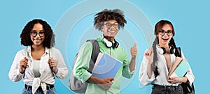 Students Life. Portrait Of Happy Multiethnic College Friends With Backpacks And Books