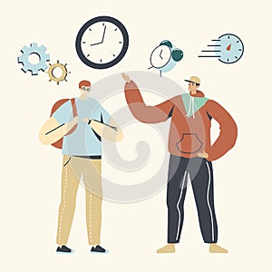 Students Male Characters Hurry Up in University Lesson. People Running Out of Time, Young Man with Backpack, Alarm Clock