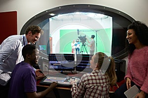 Students On Media Studies Course In TV Editing Suite photo