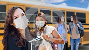 Students Near School Bus Wearing Medical Face Masks During Coronavirus Pandemic