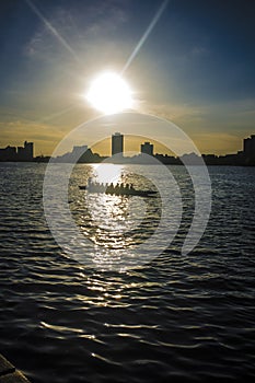 Students practicing Canoe and Kayak in Charles River, Boston.