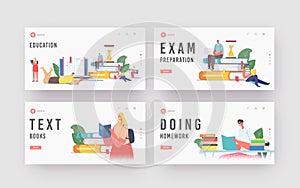 Students Prepare for Examination, Get Knowledge Landing Page Template Set. Tiny Characters Reading on Huge Books Pile