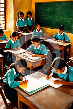 students and pupil in lesson at school in a classroom, bright dayligh, in uniform illustration