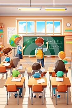 students and pupil in lesson at school in a classroom, bright dayligh, in uniform illustration